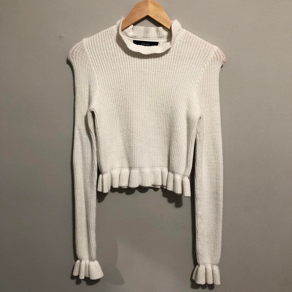 White elegant knitted ruffle trim turtleneck sweater with ruffle long sleeves ✨